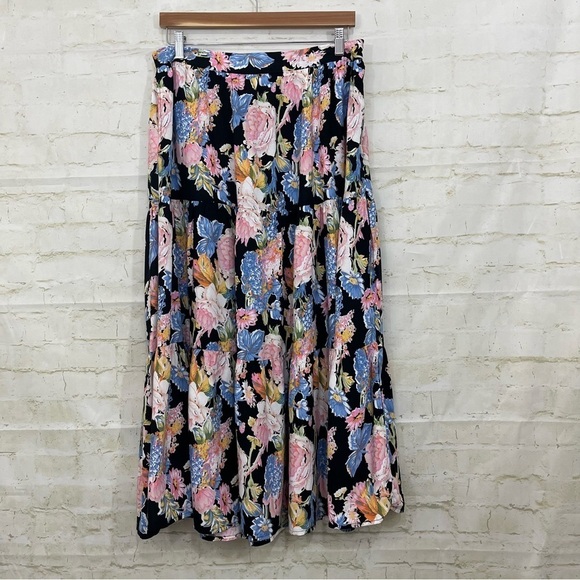 Rachel Zoe Black Floral Tiered Rayon Midi Skirt - Picture 1 of 12